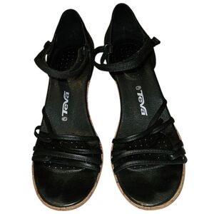 Teva Black Leather Wedge Sandals Women's Size 8